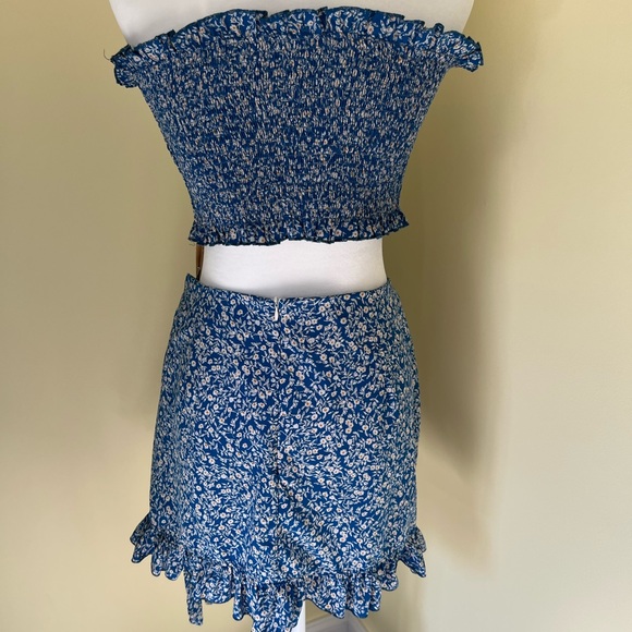 Frill Trim Shirred Tube Crop Top set matching ruffle skirt Blue floral 1XL Plus - Picture 2 of 9